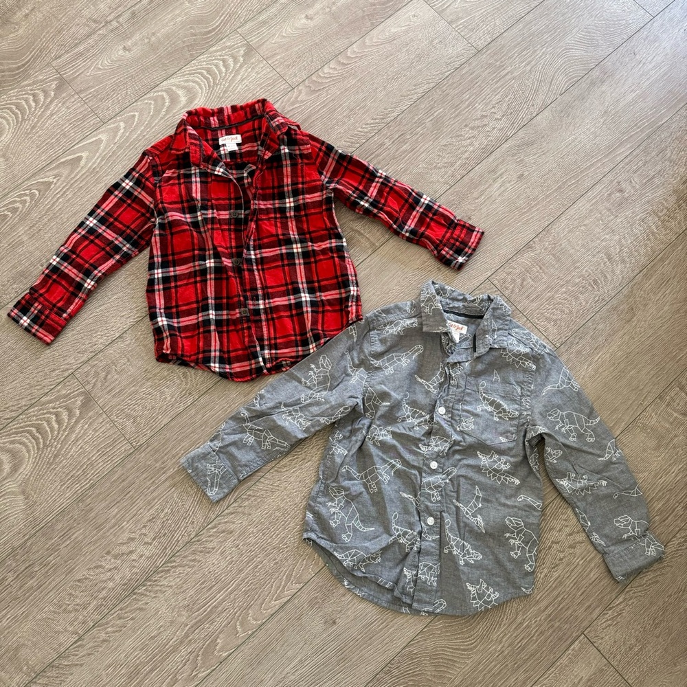 Toddler Boy Shirt Bundle Dinosaur and Plaid Christmas Holiday 4/5 xs